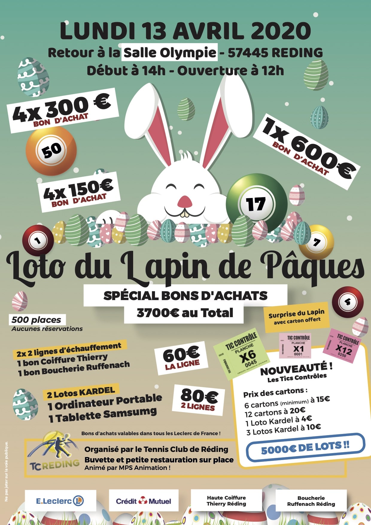 Affiche du Loto de Pâques 2020 du Tennis Club de Réding